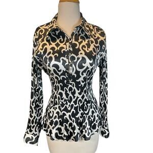 Vintage Violet & Claire New York Long Sleeve Blouse Black/White 3/4 Button Up M
